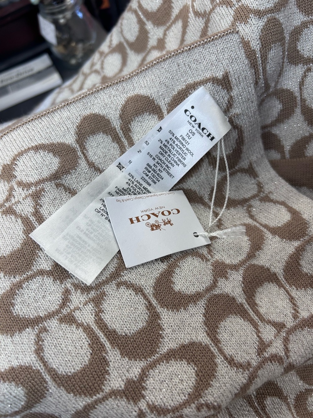 COACH Beige & Cream Signature Jacquard Logo Scarf